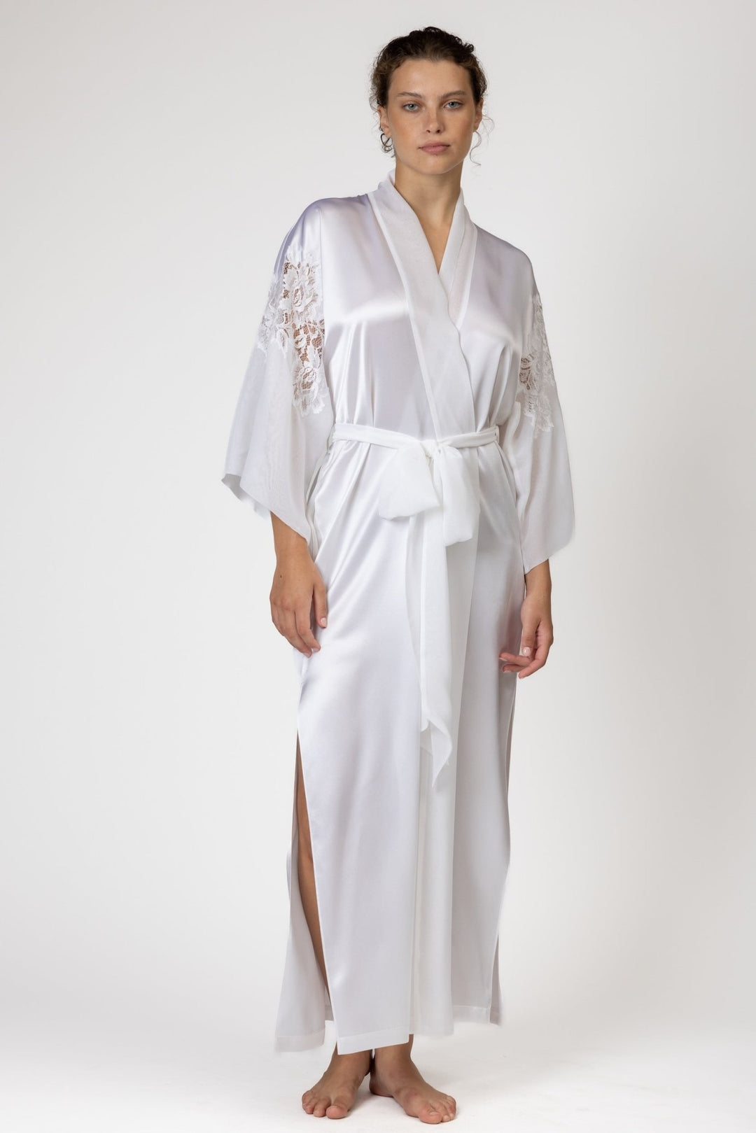 Christine Pure Long Silk Kimono W/ Silk Chiffon Sleeves - Sugar Cookies Lingerie