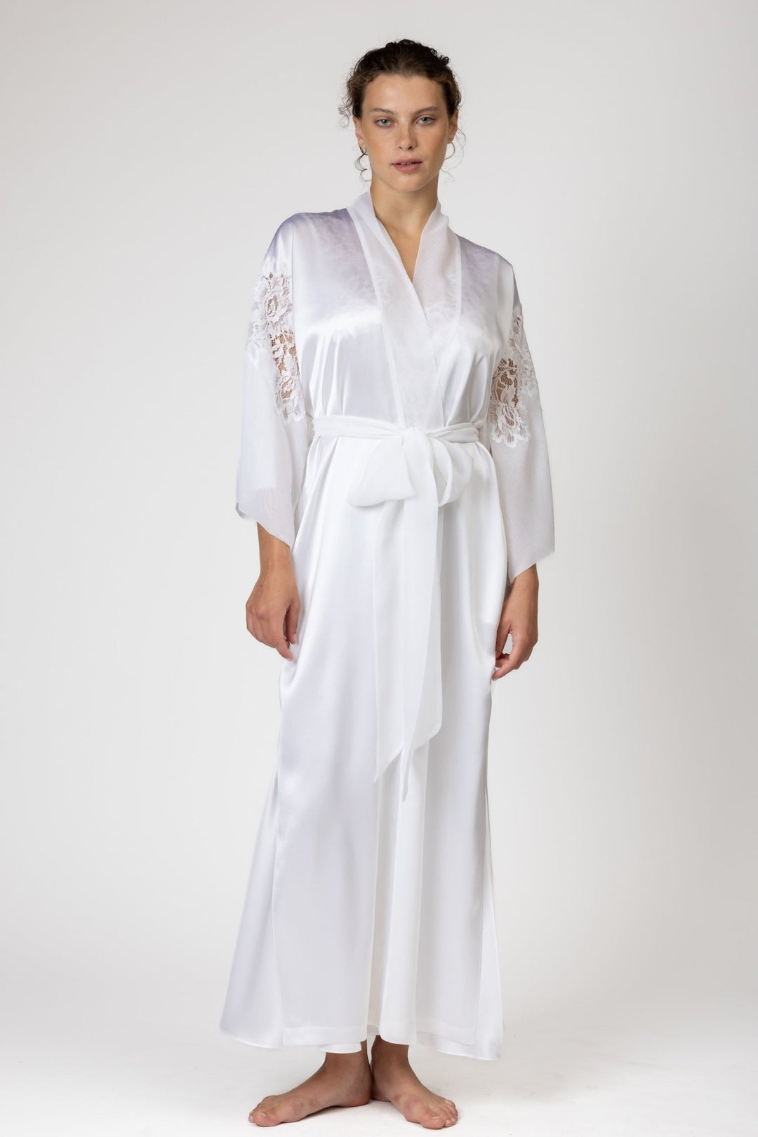 Christine Pure Long Silk Kimono W/ Silk Chiffon Sleeves - Sugar Cookies Lingerie