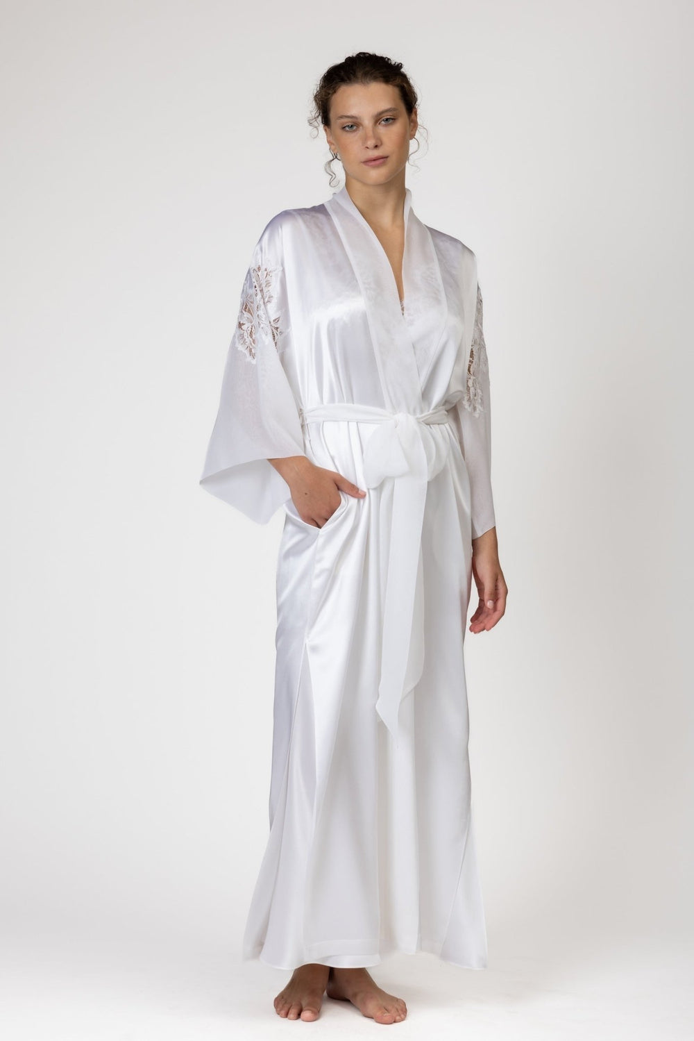 Christine Pure Long Silk Kimono W/ Silk Chiffon Sleeves - Sugar Cookies Lingerie