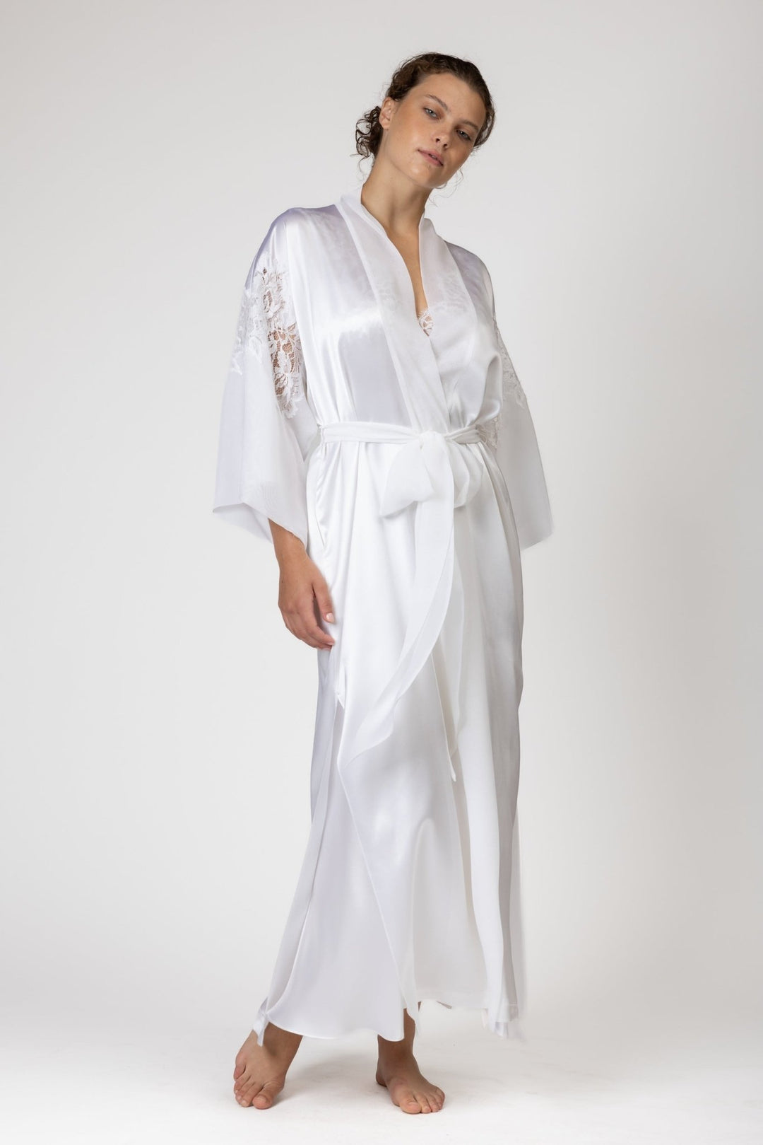 Christine Pure Long Silk Kimono W/ Silk Chiffon Sleeves - Sugar Cookies Lingerie